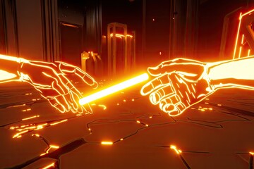 Glowing hands exchange baton; futuristic city background; concept art; technology