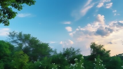 Obraz premium Serene Landscape Of Lush Green Trees And A Blue Sky