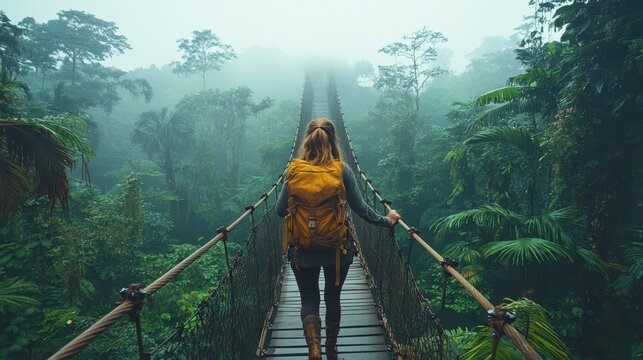 Fototapeta A backpacker crossing a rope bridge in a dense jungle.