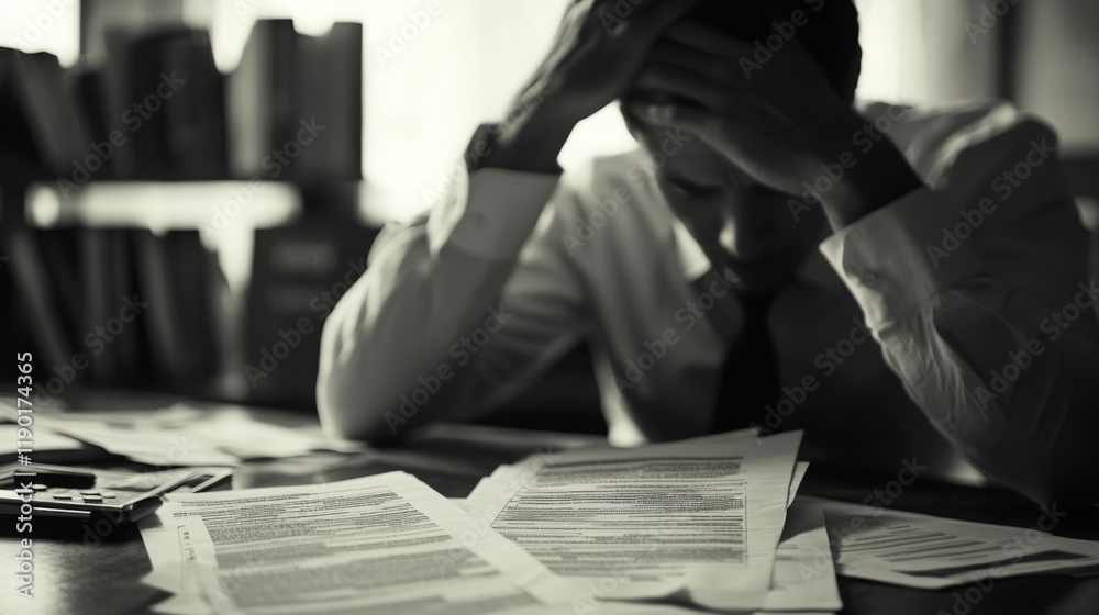 Aufkleber a man in a suit looks stressed while sitting at a desk cluttered with paperwork, reflecting feelings
