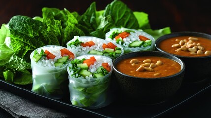 Vibrant Fresh Spring Rolls with Creamy Peanut Sauce and Colorful Vegetables