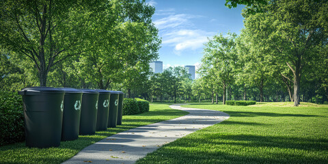Fototapeta premium Row of Recycling Bins in a Well-Maintained Community for Sustainability Awareness