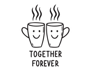 Cute friendship with cups of tea doodle hand drawn icon. Together forever concept. Outline drawing best friends emblem line clipart symbol