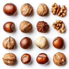 A detailed close-up of various nuts and their shells arranged neatly on a clean white surface, showcasing their textures and colors.
