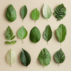 Obraz premium Flat lay of various green leaves arranged on beige background. (1)