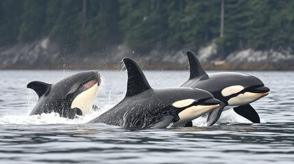 Obraz premium Young killer whale playfully interacting with a family pod, showing playful behavior amidst the serene ocean waters