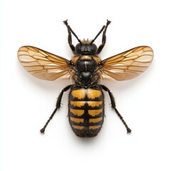 A detailed close-up of a bee featuring distinct black and yellow stripes on its body, showcasing its intricate structure and texture.