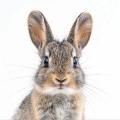 Obraz premium A small rabbit with striking blue eyes sits gracefully on a clean white surface, exuding charm and innocence.