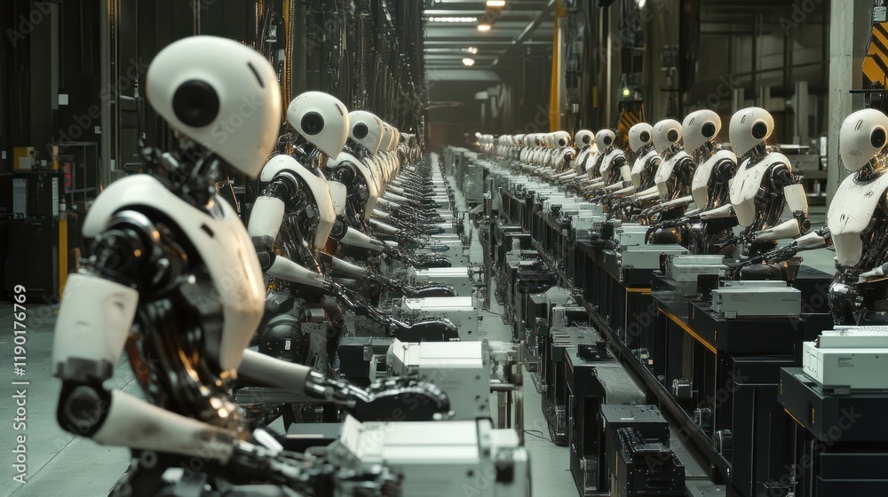 Poster assembly line of futuristic robots: a glimpse into automated manufacturing
