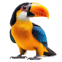 Obraz premium A vibrant bird displays striking blue and yellow feathers paired with a distinctive black beak, showcasing its colorful plumage in nature.