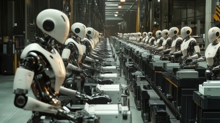 Fototapeta premium Assembly Line of Futuristic Robots: A Glimpse into Automated Manufacturing
