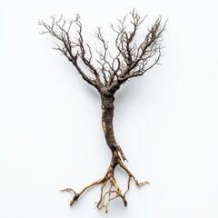 Fototapeta premium A solitary, leafless tree stands stark against the sky, symbolizing winter's chill and the passage of time in a desolate landscape.