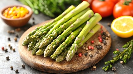Vibrant Green Asparagus and Colorful Vegetables on Rustic Wooden Board