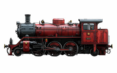 Red steam locomotive, side view,  isolated, vintage transport