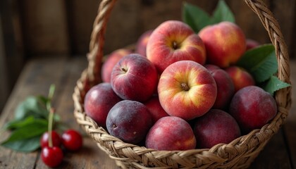 Fresh ripe peaches in basket on wooden table. Concept of healthy, organic, and diet food.