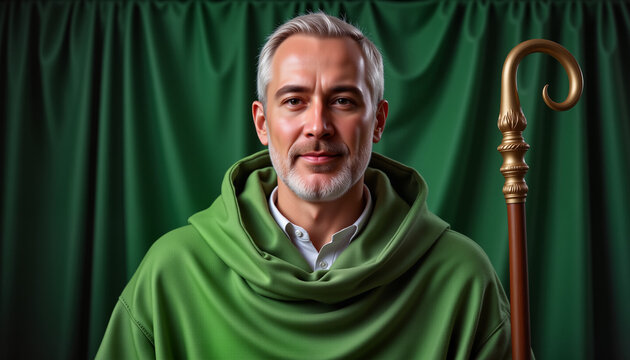 Respectful portrait of St. Patrick in green robes holding a staff, serene expression with soft lighting