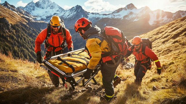 Mountain rescue team carrying a stretcher across rugged snowy terrain, showcasing teamwork and emergency response in challenging alpine conditions.
