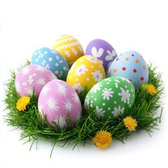 Fototapeta premium A vibrant assortment of Easter eggs nestled in a grassy bed adorned with dandelions, symbolizing spring's joyful celebration and renewal.