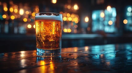 Pint of beer on bar counter at night.