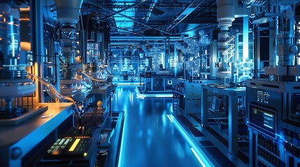 Fototapeta premium A high-tech industrial laboratory filled with intricate machinery and equipment, illuminated in a cool blue light. 