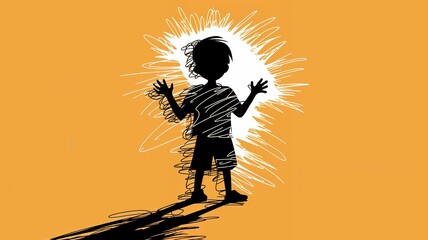 Boy Silhouette with Raised Hands and Shadow, Visual Metaphor of Childhood Anxiety with Warm Colors, Disjointed Composition of Boy Silhouette on Bright Orange