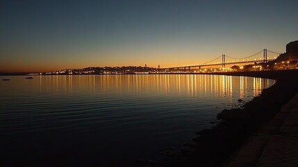 Obraz premium Evening glow on the Vasco da Gama Bridge, its illuminated structure stretching into the Lisbon skyline and reflected in the water