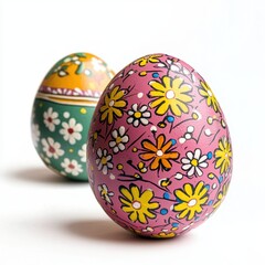 A vibrant display of easter eggs featuring intricate floral patterns set against a clean white background, symbolizing spring and renewal.