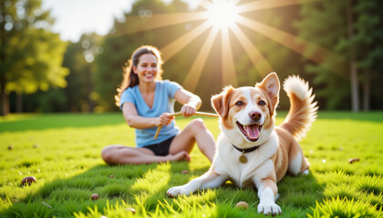 Woman enjoying tug-of-war game with happy dog in sunny grassy field on Pet Day