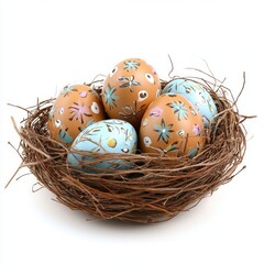 Fototapeta premium A cluster of eggs nestled together in a natural nest, set against a clean white backdrop, highlighting their delicate texture and shape.