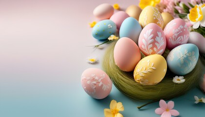 Obraz premium easter eggs and flowers on a blue background. easter eggs in a nest