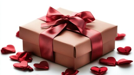 A small gift box adorned with a red ribbon sits amidst scattered hearts, creating a festive and romantic atmosphere.
