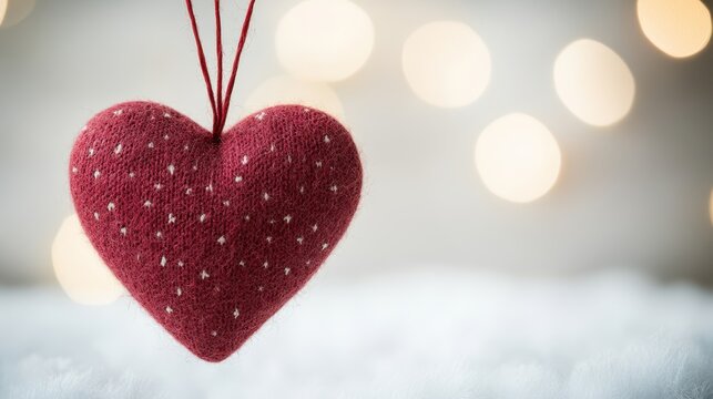 A vibrant red heart is suspended from a string, creating a charming and whimsical decoration that symbolizes love and affection.