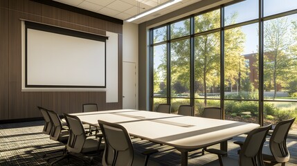 Elegant Contemporary Office Interior Featuring Bright Natural Light and Spacious Meeting Area with Large Windows and Modern Design Elements