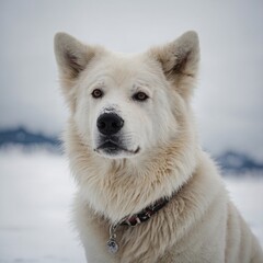 Obraz premium An Arctic dog with one ear up and one ear down, white background.
