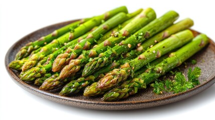 Vibrant Green Asparagus Spears Seasoned with Herbs on Dark Plate