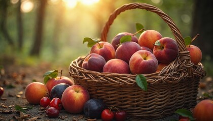Fresh peaches in basket. Concept of harvest, healthy eating, and organic food.