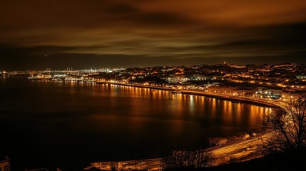 Nighttime panorama of the Vasco da Gama Bridge, with golden lights reflecting in the water and Lisbon's cityscape in the distance
