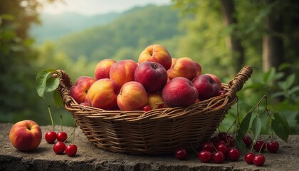 Fresh peaches and cherries in basket. Concept of harvest, healthy eating, and organic food.