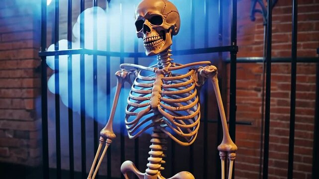 Spooky skeleton displayed in dimly lit environment with smoke effects during Halloween season