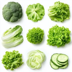 A vibrant close-up of various fresh vegetables arranged on a clean white surface, showcasing their colors and textures in detail.