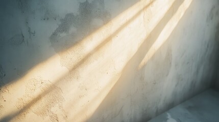 Rays of sunlight piercing through a light channel, creating soft patterns on a minimalist white cement wall background.