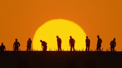 Silhouetted Construction Workers at Sunset