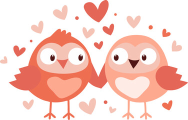 couple of cute birds, symbol of love with hearts, valentine day, anniversary, marriage love concept vector art illustration isolated on transparent png background