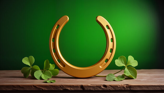 Golden horseshoe with shamrocks on rustic wooden surface, symbolizing good luck for St. Patrick’s Day
