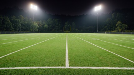 Fototapeta premium Nighttime Football Field with Bright Floodlights Illuminating the Grass and Surrounding Trees, Perfect for Sports and Recreation Themes