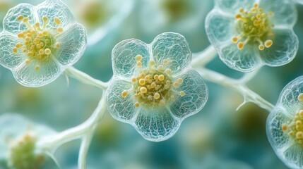 A magnified view of plant cells showing chloroplasts.