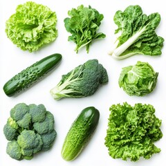 A detailed close-up of assorted vegetables arranged aesthetically on a clean white surface, showcasing their vibrant colors and textures.