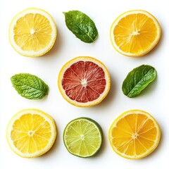 Fototapeta premium A vibrant close-up of a variety of citrus fruits cut in half, showcasing their juicy textures and colorful segments.