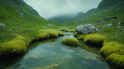 Naklejka premium A serene mountain stream flows through a vibrant green valley under a misty sky surrounded by majestic rocky mountains