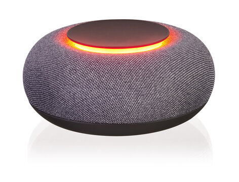 Grey small wireless smart speaker on white background